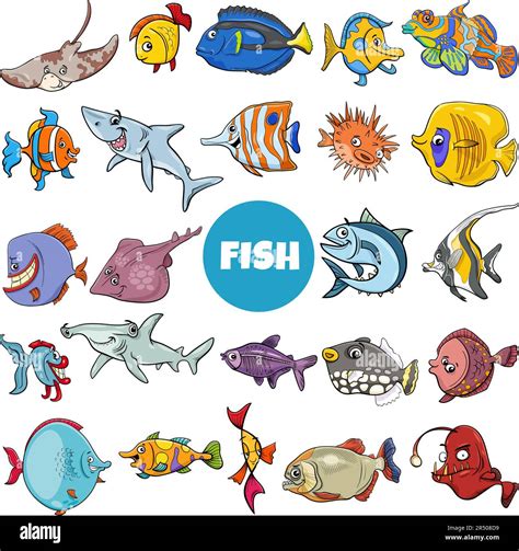 Cartoon Illustration Of Fish Marine Animal Characters Big Set Stock