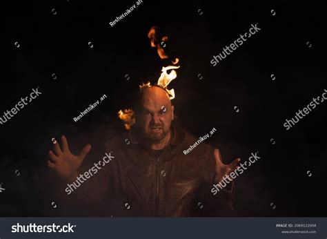 Bald Man Leather Jacket Burning Head Stock Photo 2069122004 Shutterstock