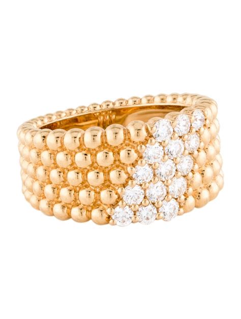 Van Cleef And Arpels Perlée Diamonds Ring 5 Rows 18k Yellow Gold Band