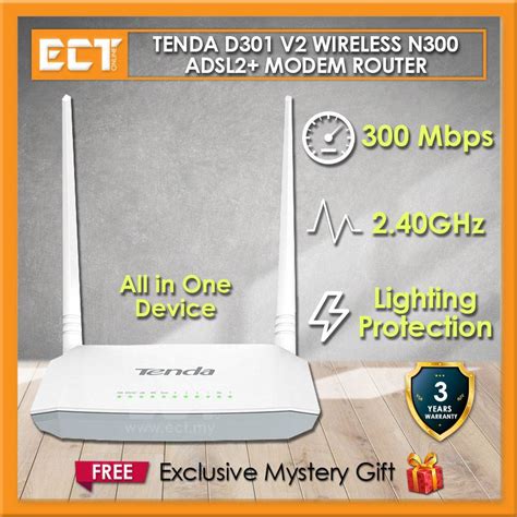 Tenda D301 V2 Wireless N300 300Mbps ADSL2+ Modem Router