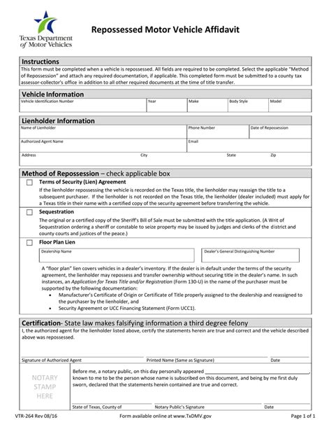 Form Vtr Texas Repossessed Motor Vehicle Affidavit