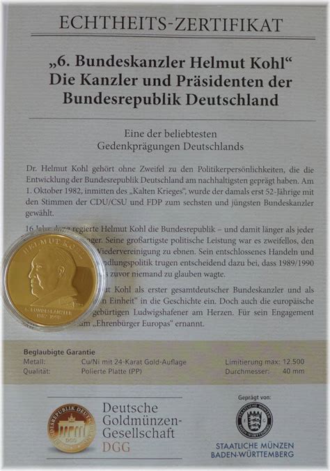 Deutschland Medaille 6 Bundeskanzler Helmut Kohl Kanzler Und