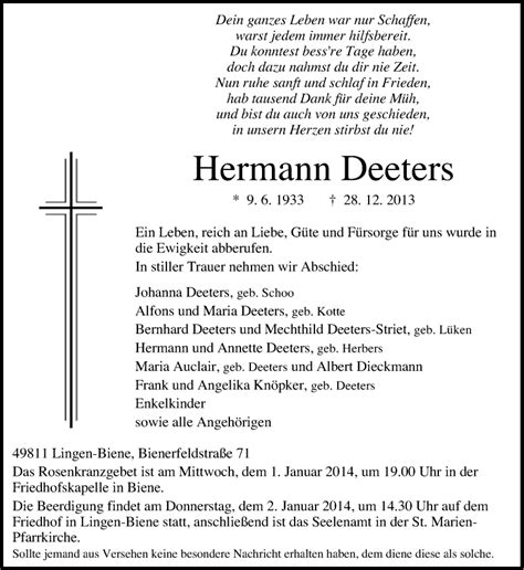 Traueranzeigen Von Hermann Deeters Noz Trauerportal