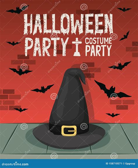 Halloween Celebration Card With Witch Hat And Bats Stock Vector