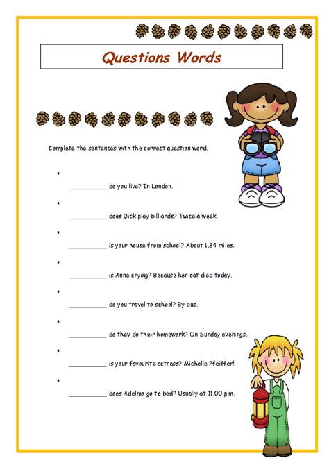 Wh Question Words Elementary Worksheet