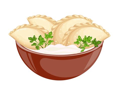 Vareniki in a bowl with sour cream and herbs. Ukrainian national ...
