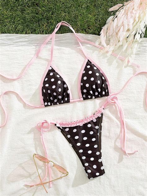 Swim Mod 2pcs Women Polka Dot Print Sexy Cute Ruffle Trim Halter Bikini Swimsuit Set For Beach