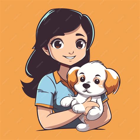 Chica linda con su perro ilustración vectorial al estilo de dibujos