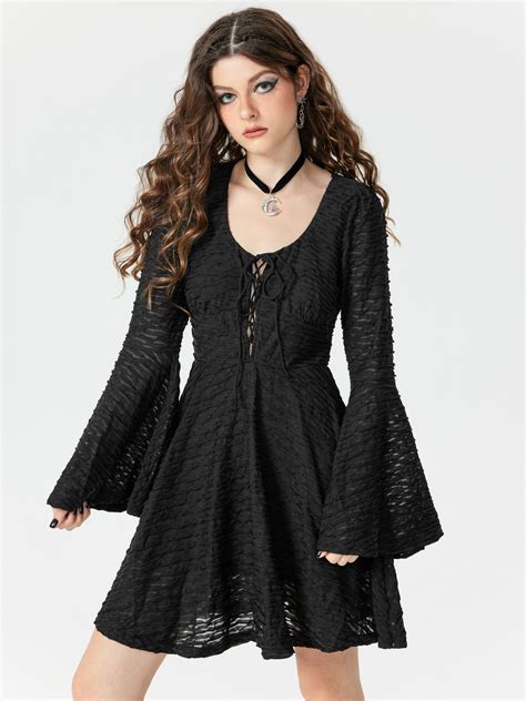 Solid Texture Bell Sleeve Mini Dress Cider