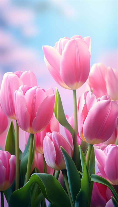 Pink Tulips Are Blooming In Front Of A Blue Sky