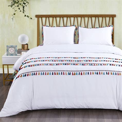 California Design Den Boho Tassled Duvet Cover Set Cotton White Full