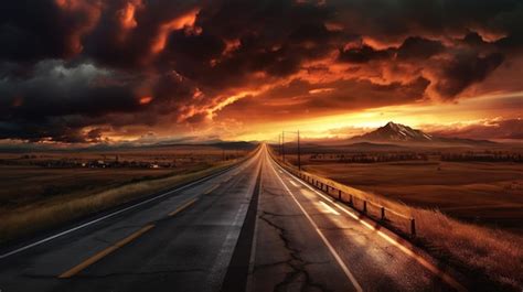 Premium AI Image | A road with a sunset and mountains in the background