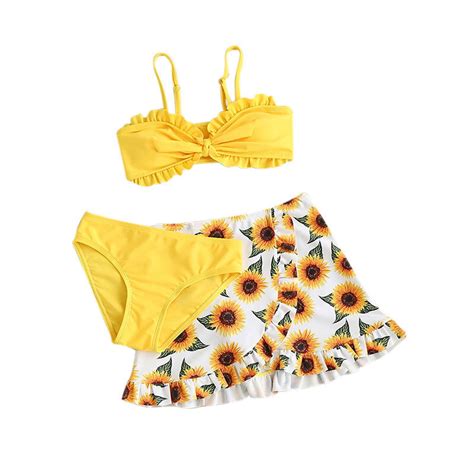 Odeerbi Years Teen Girls Summer Beach String Bikini With Sarong Coverups Set Sunflower