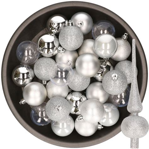 Kerstballen X Stuks Cm Incl Glitter Piek Zilver Kunststof