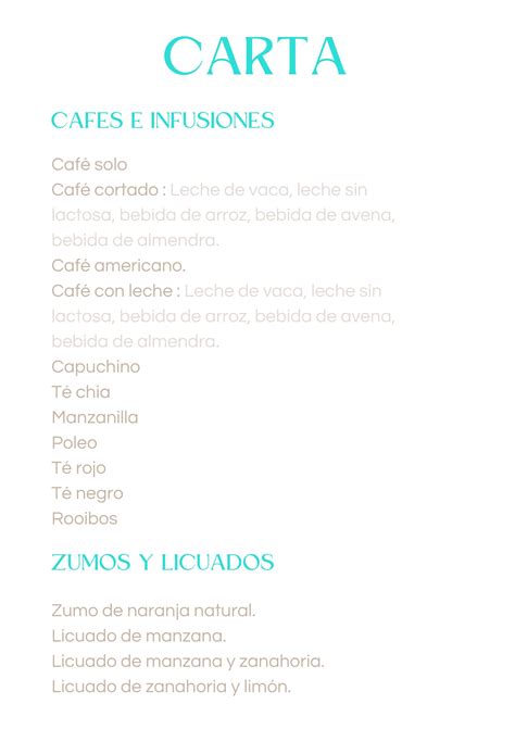 carta cafes Clínica Physis