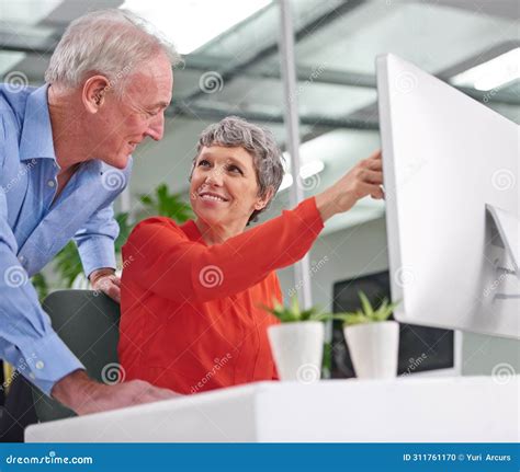Computer Happy Team Or Mature Business People Planning Discussion Or