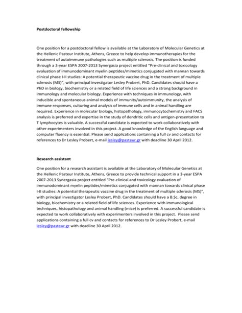 Postdoctoral Fellowship One Position For A Postdoctoral Fellow Is