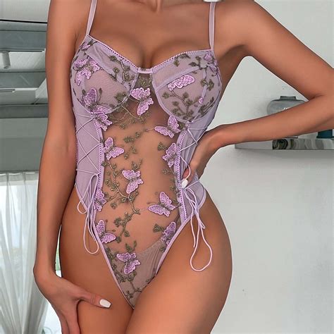 Munlar Womens Lingerie Strappy Sheer Floral Lace Teddy Bodysuit