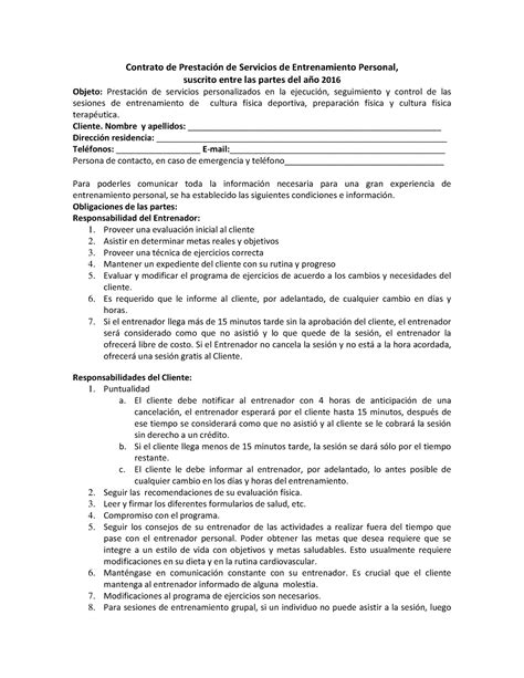 Contrato Entrenador Personal Contrato De Prestaci N De Servicios De