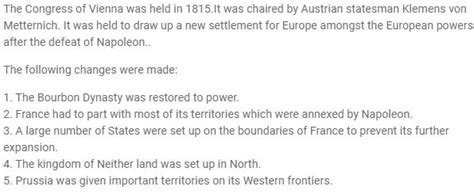 Who Hosted Vienna Congress In 1815 Analyse The Main Changes Brought By