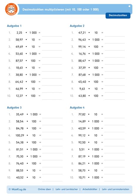 Bungsblatt Dezimalzahlen Multiplizieren Mit Oder