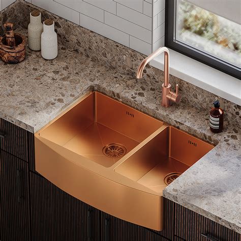 Bower 760 X 500 Brushed Copper Curved Double Bowl Stainless Steel