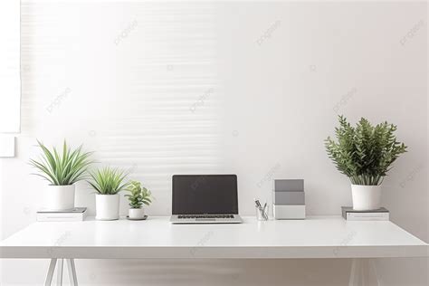 White Desk With Green Plants In A Modern Home Office Background ...