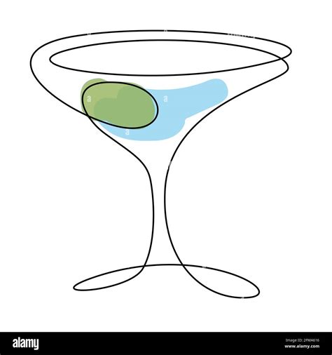 Continuous Line Drawing Martini In Glass With Olive Isolated On White Background Hand Drawn