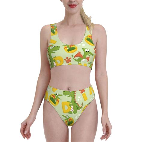 Daiia Cartoon Dinosaurs Printed 2 Piece Swimsuit Bikinis For Women High