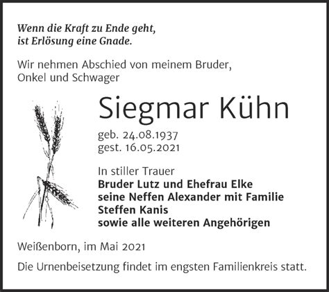 Traueranzeigen von Siegmar Kühn abschied nehmen de