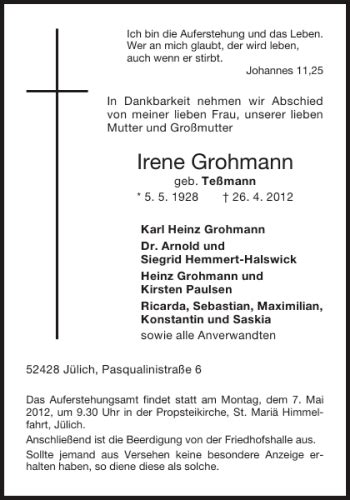 Traueranzeigen Von Irene Grohmann Aachen Gedenkt