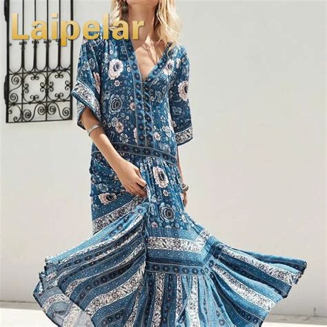 Laipelar Bohemia Flowing Summer Dress V Neck Kimino Wide Sleeve Floral