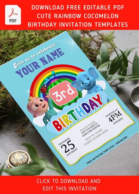 Free Editable Pdf Lovely Rainbow Cocomelon Birthday Invitation