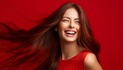 Premium Photo Pretty Cute Smiling Model With Blonde Hair In Red Background