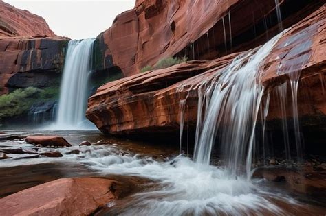 Waterfall Flowing Over Red Sandstone Cliffs Premium Ai Generated Image
