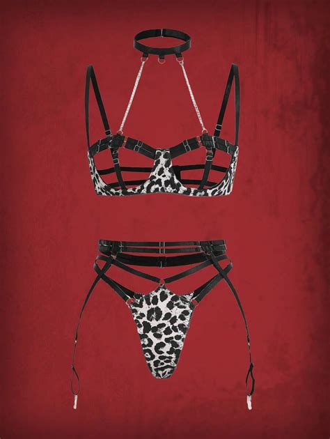 ROMWE Goth Leopard Print Chain Linked Underwire Garter Lingerie Set