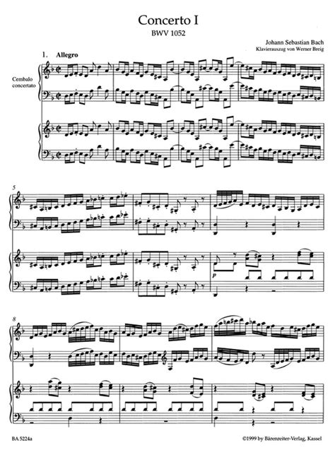 Partitions Bach J S Concerto N°1 En Re Mineur Bwv 1052 Clavecin