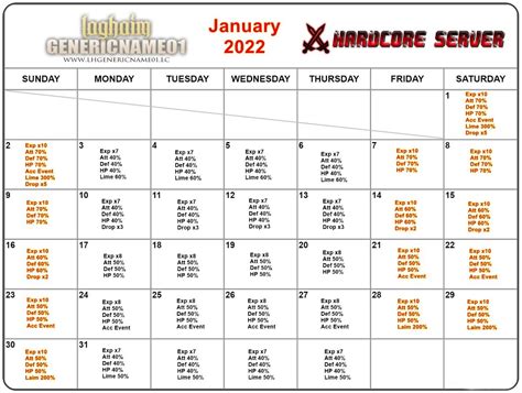 Hardcore Server Calendar Event Exp January Events