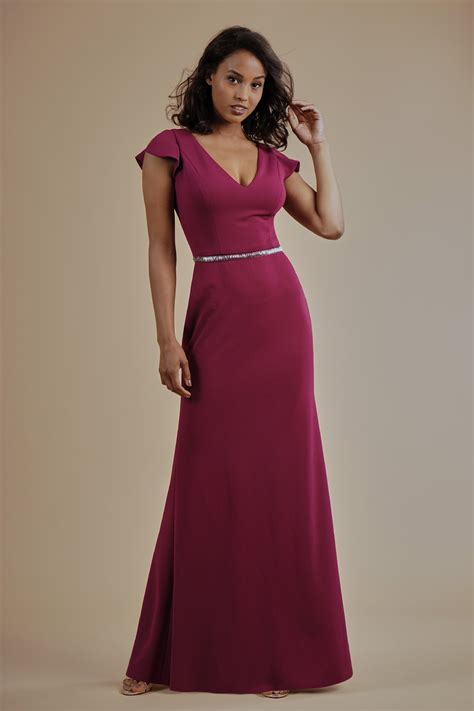 L214013 Stretch Crepe Long Bridesmaid Dress With V Neckline