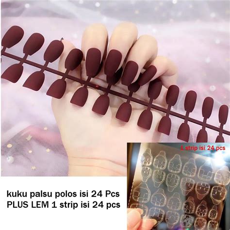 Jual Pcs Kuku Palsu Merah Maroon Free Lem Kuku Nail Art Wedding