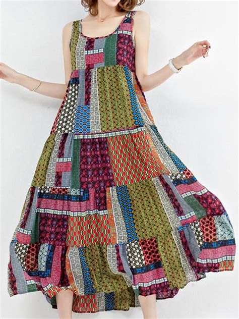 Gracila Bohemian Patchwork Sleeveless O Neck Long Maxi Dresses