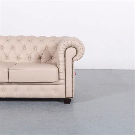 Chesterfield Leather Sofa Cream Beige Two Seat Couch Genuine Leather