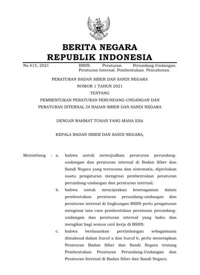 BERITA NEGARA REPUBLIK INDONESIA No 415 2021 BSSN Peraturan Perundang