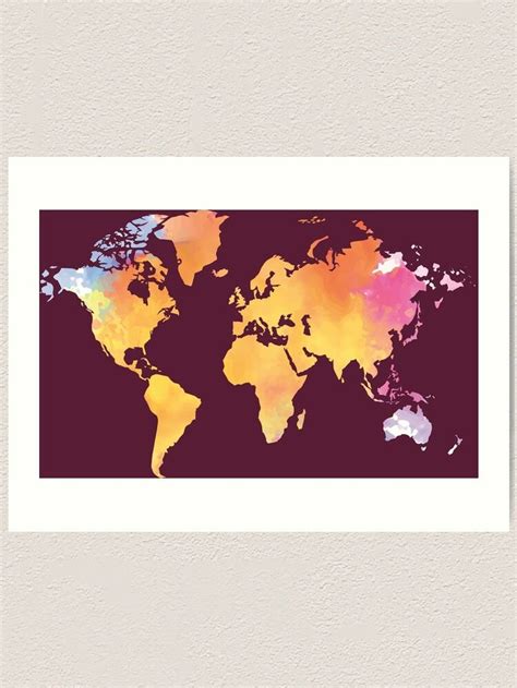 A Map Of The World With Watercolor Paint On It In Purple And Yellow