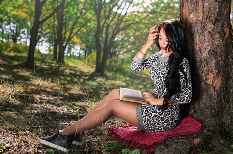 K Bokeh Grass Brunette Girl Sitting Book Hands Dress Legs Pantyhose Reading