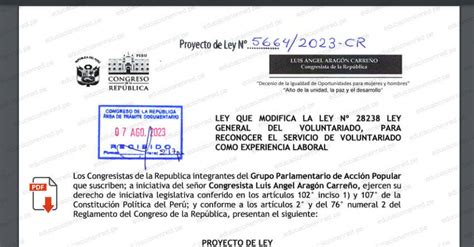 Proyecto De Ley N° 05664 2023 Cr Ley Que Modifica La Ley N° 28238 Ley