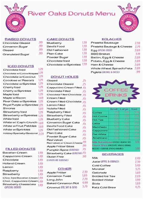 Menu Riveroaksdonuts