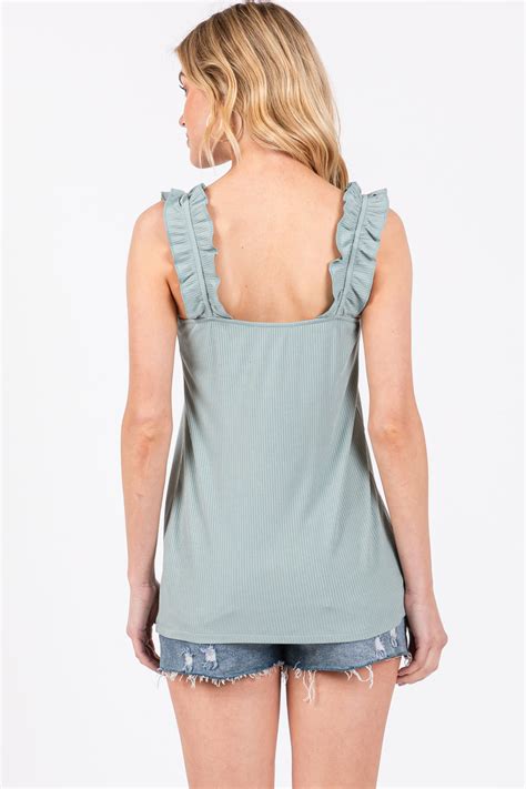 Mint Ribbed Ruffle Strap Sleeveless Top Pinkblush