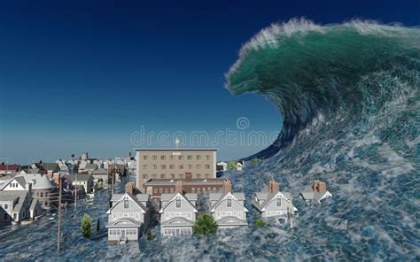 Tsunami Wave Apocalyptic Water View Urban Flood Storm. 3D Illustration ...