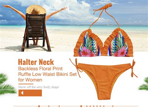 Halter Neck Backless Padded Floral Print Ruffle Low Waist Women Bikini Set Dark Orange